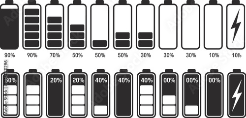 Battery charge level indicator icons set, power energy status collection, charging symbols for mobile device interface vector