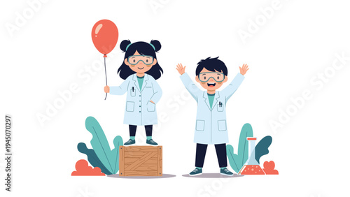 Two children wearing lab coats and goggles playing with science equipment like balloons and beakers in laboratory setting.