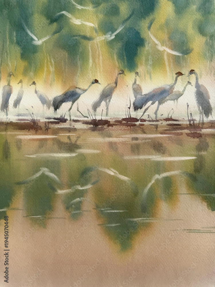 Naklejka premium Group of cranes in wetland watercolor background