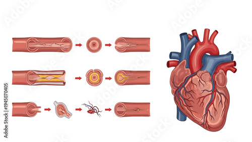 Human heart and coronary arteries diagram illustrating various stages of atherosclerosis and blood vessel blockage for cardiology education.