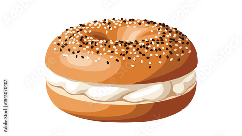 Freshly baked bagel sandwich topped with sesame and poppy seeds filled with smooth cream cheese on white background.