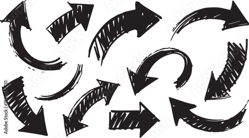 Set of 9 hand-drawn black arrows vector