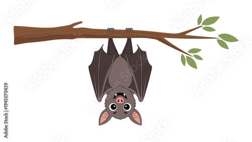 Cute cartoon bat character hanging upside down from a tree branch with green leaves against white background for halloween themes.