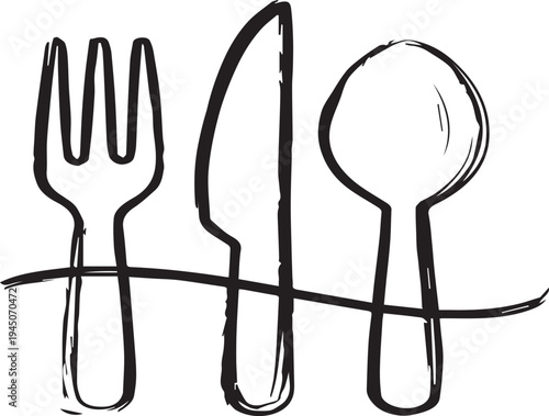 Set of 3 black line art utensils vector, fork, knife, spoon