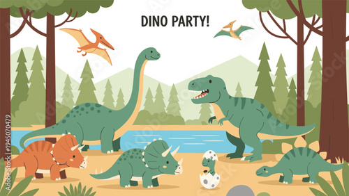 Prehistoric dinosaur party scene featuring various species in forest landscape with volcano, river, and hatching egg in foreground.
