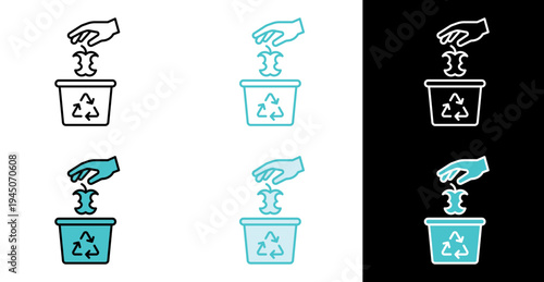 Recycling bin with hand throwing food scrap icon for eco friendly cleanup signage in line and fill style