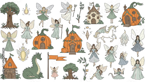 Magical fairy kingdom set including various fairies, pumpkin houses, dragon, unicorn, and enchanted trees for fantasy creative projects.