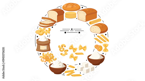 Decorative Assortment of grain products including bread loaves, pasta varieties, and flour bowls arranged in circular frame design.
