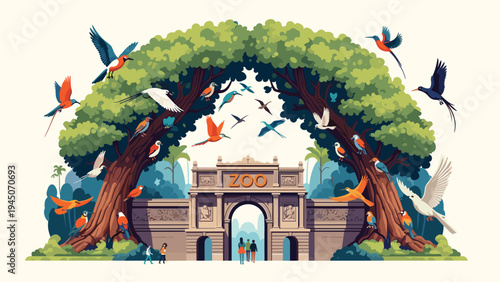 Grand arched entrance of zoo surrounded by lush green trees and many vibrant birds flying together in bright summer day.