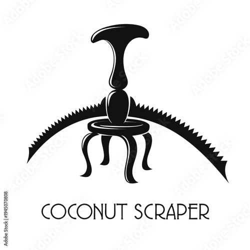 Traditional kitchen tool vector icon for fresh coconut processing, featuring a vintage design with a serrated blade for shredding fruit flesh efficiently