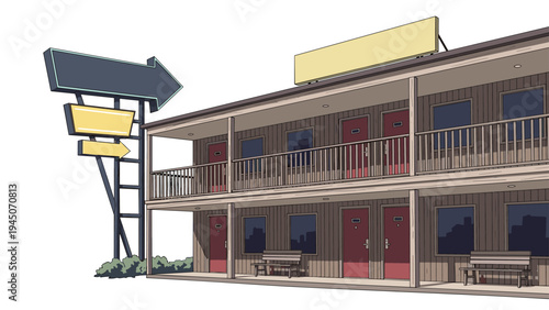 Traditional two story American motel building with outdoor walkway and large roadside arrow sign on white background.