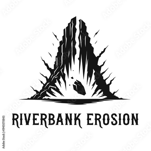 Illustrative representation of a dramatic natural event showcasing the destructive force of riverbank erosion, with a boulder dislodging from a cliff face