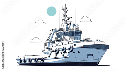 Professional tugboat illustration with detailed bridge and antennas floating on calm water under white sky with clouds.