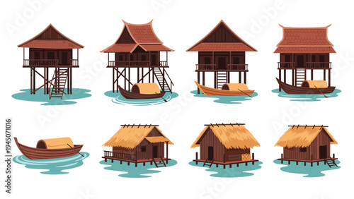 Set of traditional Asian stilt houses and wooden boats on calm water reflecting cultural architecture and river life.