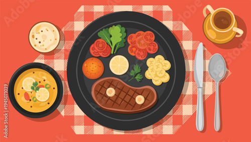 Delicious steak dinner with roasted tomatoes and mashed potatoes served with soup on red and white checkered tablecloth.