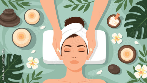 Relaxing top view of woman receiving head massage at spa surrounded by stones and tropical flowers on aqua water.