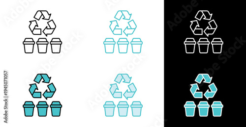 Recycling symbol above three trash bins icon for waste sorting and sustainability in line and fill style