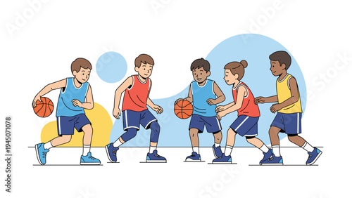 Sequence of diverse children playing basketball showing various movements like dribbling and passing during team game.