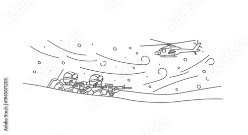 Military helicopter flies over soldiers advancing in a snowstorm, combat scene