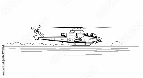 Military Helicopter Flying Over Water at Sunset - Line Art Illustration