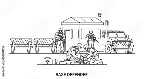 Military Medical Rescue at Base Entrance: Soldiers Aid Injured Comrade Near Guardhouse and Vehicle
