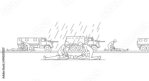 Military medics provide first aid to wounded soldiers in the rain during combat.