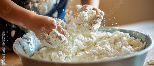 Child hands mixing white cloud dough in a metal bowl for sensory play and tactile development.