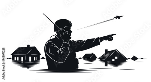 Military Officer Directing Air Support Amidst Flooded Cityscape