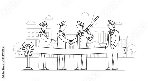 Military Officers Cut Ribbon at Grand Opening Ceremony with Large Banner and Building