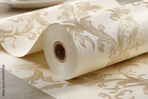 Elegant Beige and Gold Floral Pattern Wallpaper Roll Textured Surface Close Up