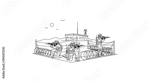 Military outpost with soldiers guarding, barbed wire, and watchtower