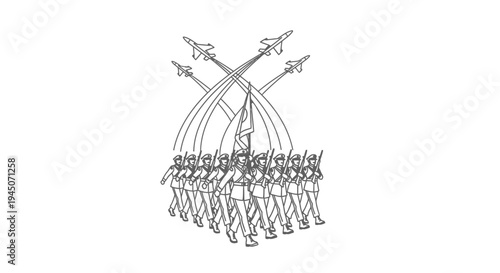 Military parade with fighter jets flying overhead, soldiers marching with flags