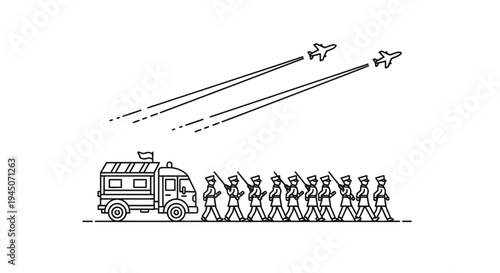 Military parade with soldiers marching and fighter jets flying overhead