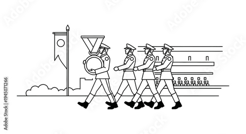 Military Parade with Medal, Soldiers Marching in Uniform with Banner and Buildings