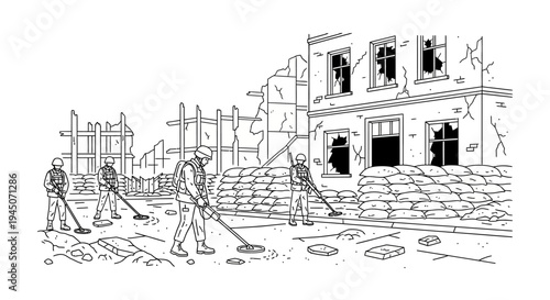 Military personnel searching for mines in a war-torn urban environment with destroyed buildings