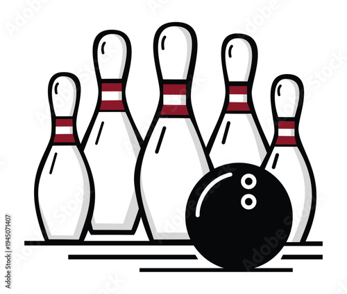 Ten Pin Bowling Graphic with Black Bowling Ball and Pins for Sports Recreation Tournament Branding and Leisure Activity Illustration