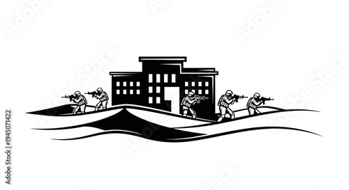 Military Soldiers Advancing on Building Silhouette, Combat Scene