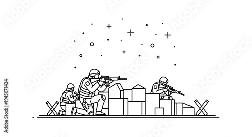Military soldiers in combat, tactical operation, urban warfare, action scene, line art illustration