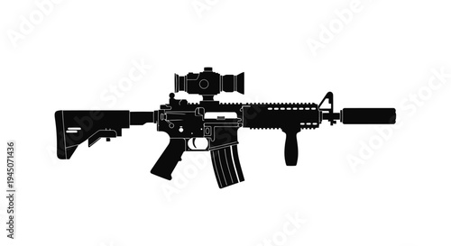 Modern Assault Rifle with Scope and Silencer - Tactical Weapon Silhouette