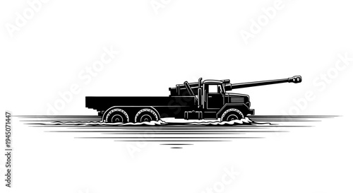 Military Truck with Cannon in Shallow Water, Black and White Line Art