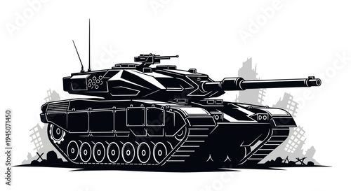 Modern Battle Tank Silhouette with Destroyed City Background