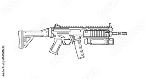 Modern Assault Rifle with Tactical Accessories, Line Art Illustration