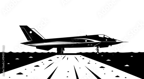 Modern Jet Fighter on Runway, Black and White Silhouette, Aviation