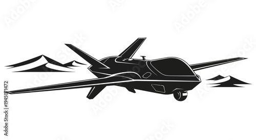 Modern military drone flying over desert landscape, surveillance, reconnaissance, advanced technology