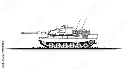 Modern Military Tank Illustration - Armored Vehicle Line Art
