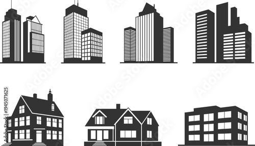 City skyscrapers and residential houses silhouettes set, urban architecture buildings and suburban homes vector illustration collection