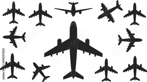 Collection of airplane silhouettes from top view, aviation aircraft set isolated on white background, transport flight vector illustration