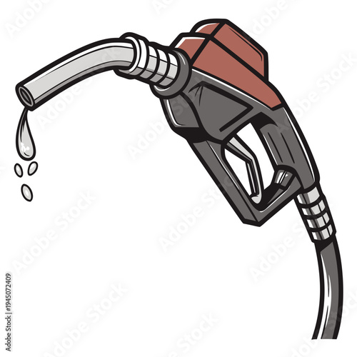 Red and gray gas pump nozzle with droplets fuel