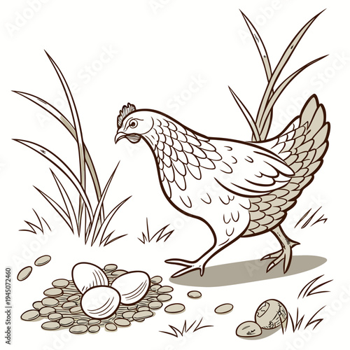 Brown and beige of a chicken with eggs and seeds