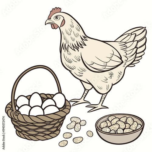 Chicken standing next to a basket of eggs and bowl of peanuts